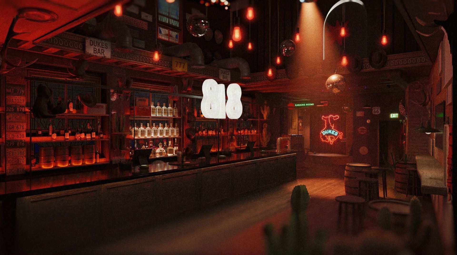 Karaoke Ranch interior with warm amber lighting, back bar, hanging bulbs and neon signs