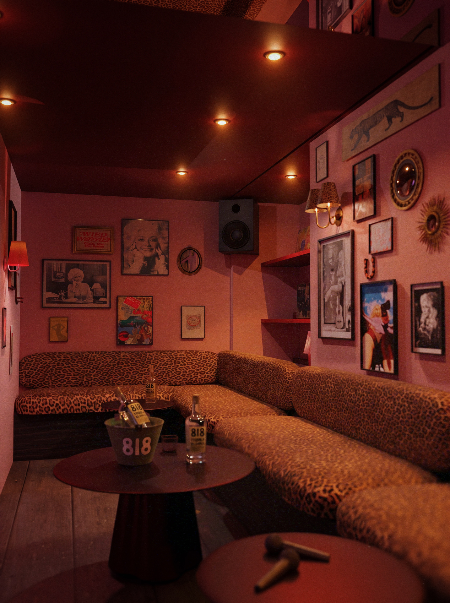 The Dolly Parton Room, a pink lounge booth with leopard print seating, framed portraits of Dolly and warm lamp light